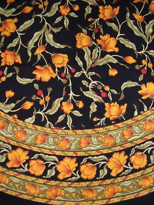 French Floral Round Cotton Tablecloth 70'' Amber on Black