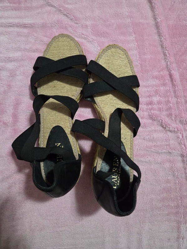 Lauren Ralph Lauren Cortney Black Elastic Strap Espadrille Wedge Sandals
