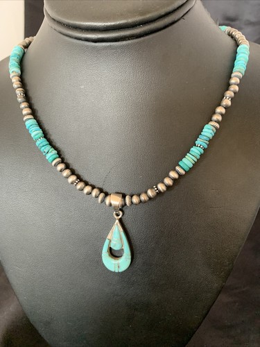 Pre-owned Handmade Womens Blue Turquoise Inlay Pendant Navajo Pearls Sterling Silver Necklace 12501