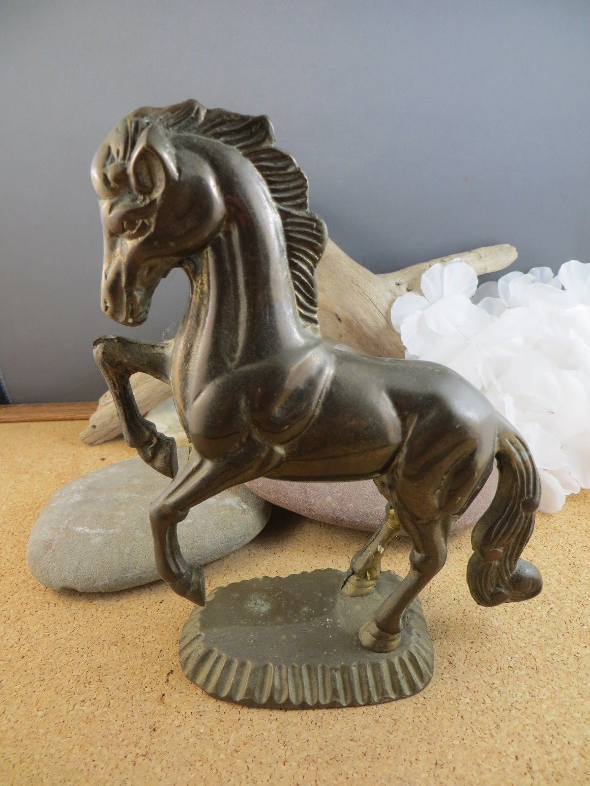 Vintage Bronze? Brass? Mixed Metal Rearing on base Horse Figurine 7