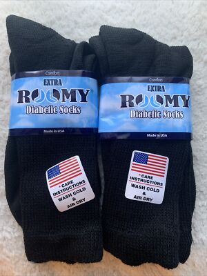Lot Of 2- Comfort Extra Roomy Diabetic Socks-J800L Black Crew 10-13