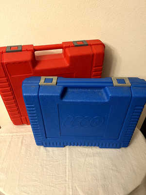 2 Vtg- LEGO Hard Plastic Carrying Cases Red 1985 (15''x13'') &Blue 1984 (14''x11'')