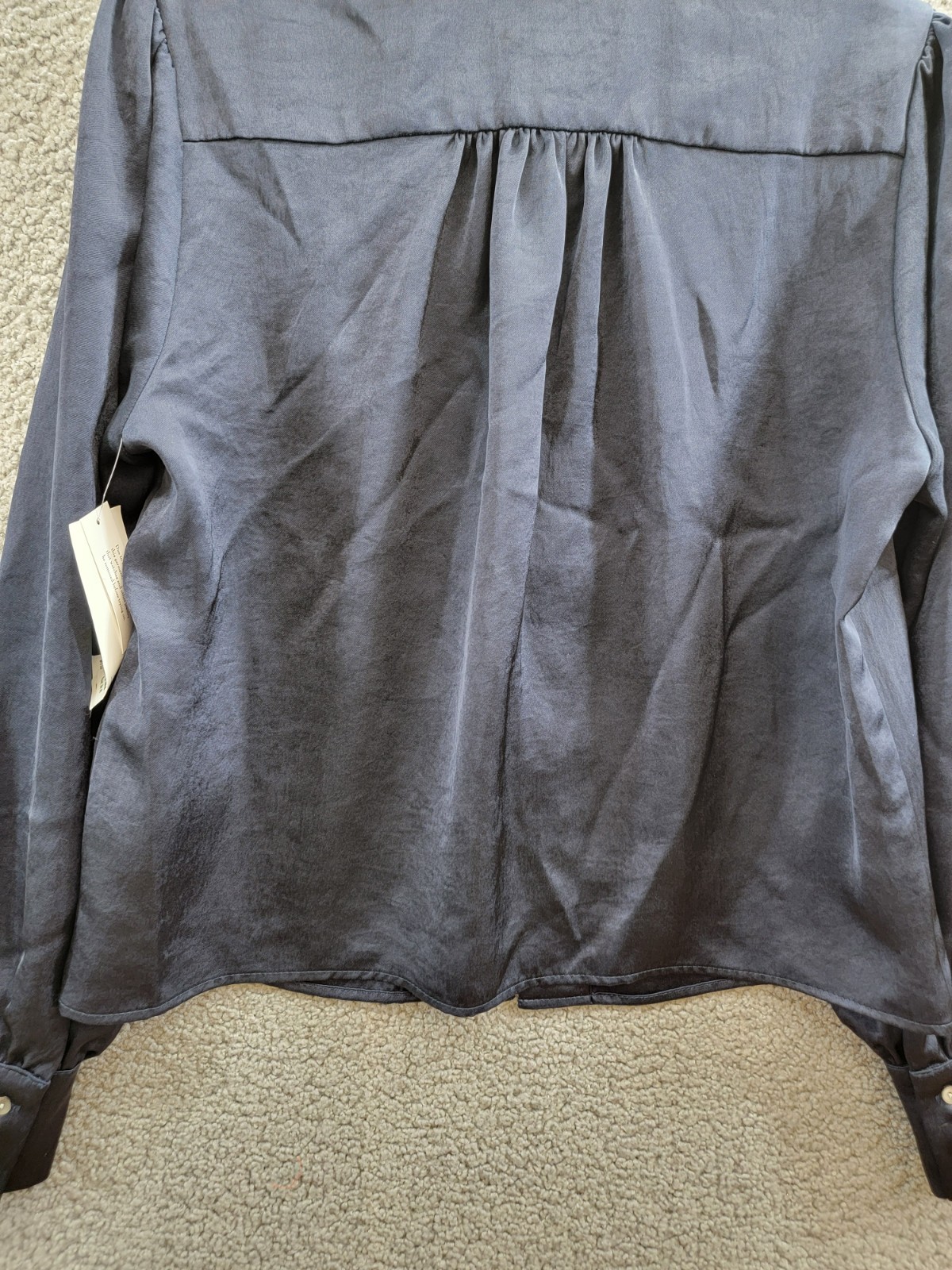 Karen Kane Shirred Blouse Women's M Navy Solid Collared Long Sleeve Button Front - Picture 12 of 18