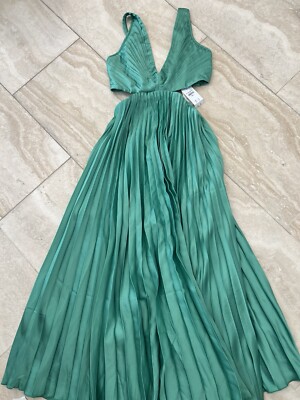 Abercrombie Green Satin Pleated Cutout Maxi Dress Size SMALL