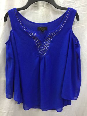 THALIA SODI 3/4 FULL SLEEVE COLD SHOULDER EMBELLISHED SPLITNECK TOP BLUE XS - - 