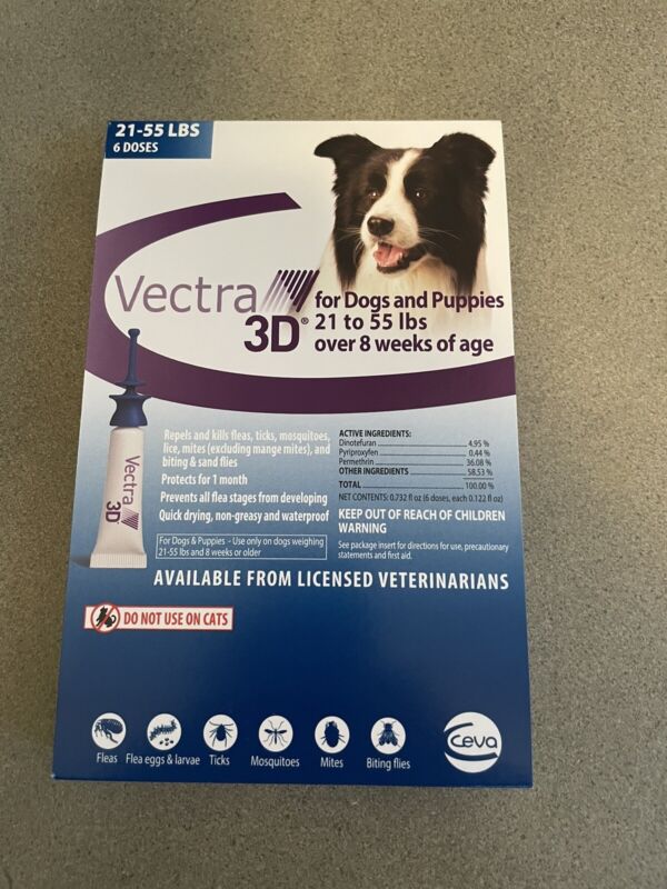 Vectra 3D for Dogs and puppies 21-55 lbs Spot On Flea and Tick Treatment 6 doses