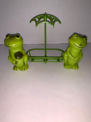 Vintage Green Plastic Frog Salt and Pepper Shakers with Holder