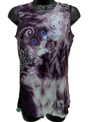 Trixie Tie Dye Purple/Teal Sleeveless Blouse Beads Ribbon Embroidery Size M