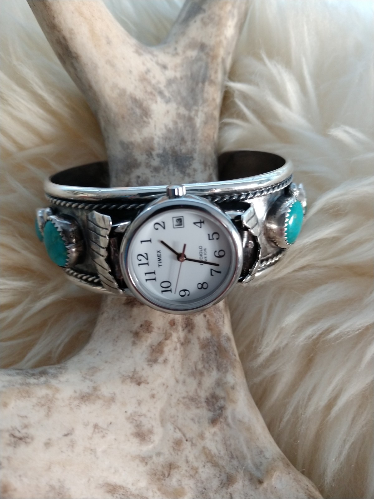 Vintage Turquoise Sterling Silver Watch Cuff Bracelet w/ New Working Watch