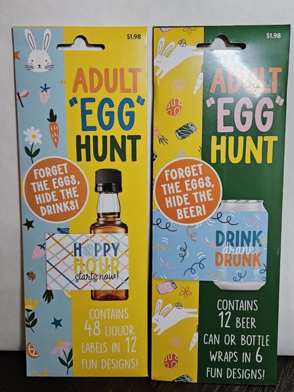 2 Pc Adult Egg Hunt 12 Beer Can/Bottle Wraps & 48 Small Liquor Bottle Labels