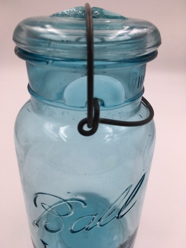 Antique Vintage Ball Ideal Quart Jar #3 Wire Bail Blue Green Glass 1910-1923