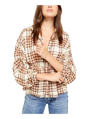 

FREE PEOPLE Женский оранжевый клетчатый топ с рюшами и рукавами 3/4 и воротником на пуговицах