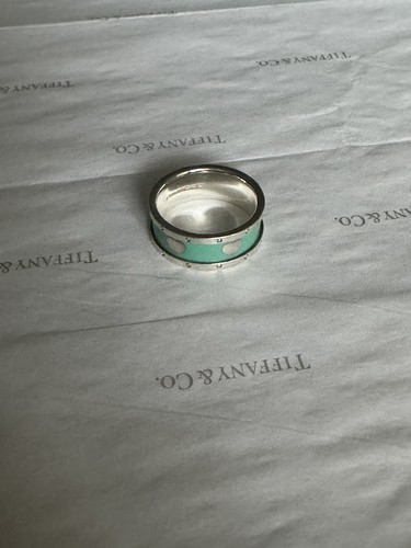 Tiffany & Co. Ring Blue Enamel Heart Wide Band Sterling