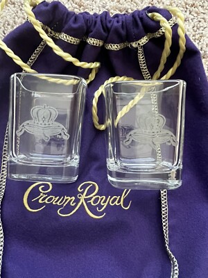 Crown Royal Square Shot Glass Crown Logo Set of 2 + Free Purple Drawstring Bag
