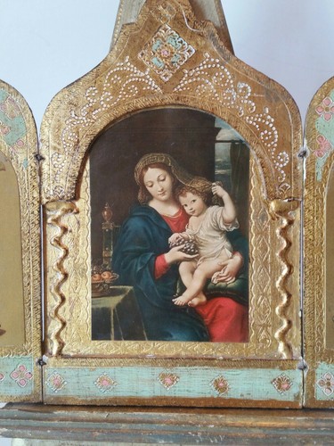 Vintage ITALY Gold Pink Tole Wood Florentine Madonna&Jesus Triptych Icon & EASEL