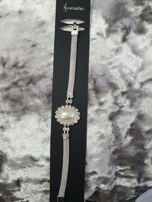 silver plated oval pearl and diamond bracelet