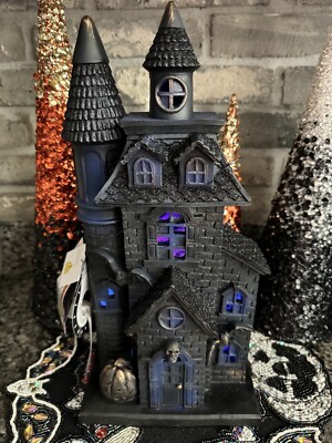 Halloween Black Haunted House Skulls Bats Resin Figurine Prop Gothic LIGHT UP