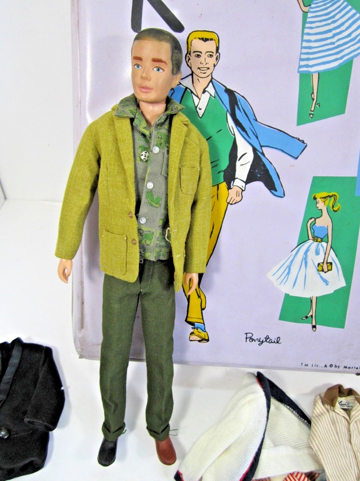 VINTAGE 1960 MATTEL KEN DOLL FLOCKED HAIR VERSION & CLOTHES WITH CASE 1960'S TOY