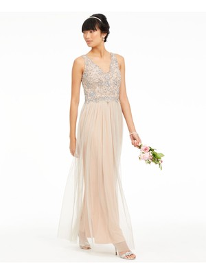 

ADRIANNA PAPELL Женское Бежевое Вечернее Платье Полной Длины Без Рукавов с V-образным Вырезом, Бежевый
