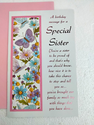 ''To a Special Sister'' Birthday Card  Very Sweet Sentiment  Same Day Shipping