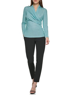 

DKNY Женский топ для работы в бирюзовую полоску с длинными рукавами и вырезом, Turquoise