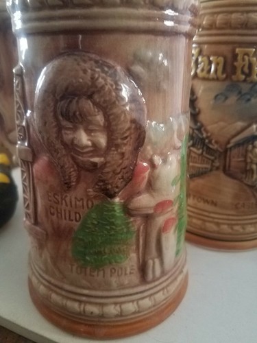 Alaska Large Vintage Beer Stein Mug Japan Made Eskimo Totem Moose Oil MINT