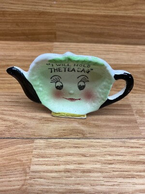 Vtg Japan Porcelain Hand Painted Light Green Tee Bag Holder Mini Dish Wall Decor