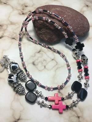 Howlite Stone Pink Cross/Silver Skull/Heads Stone/Agate Swarovski Elements USA