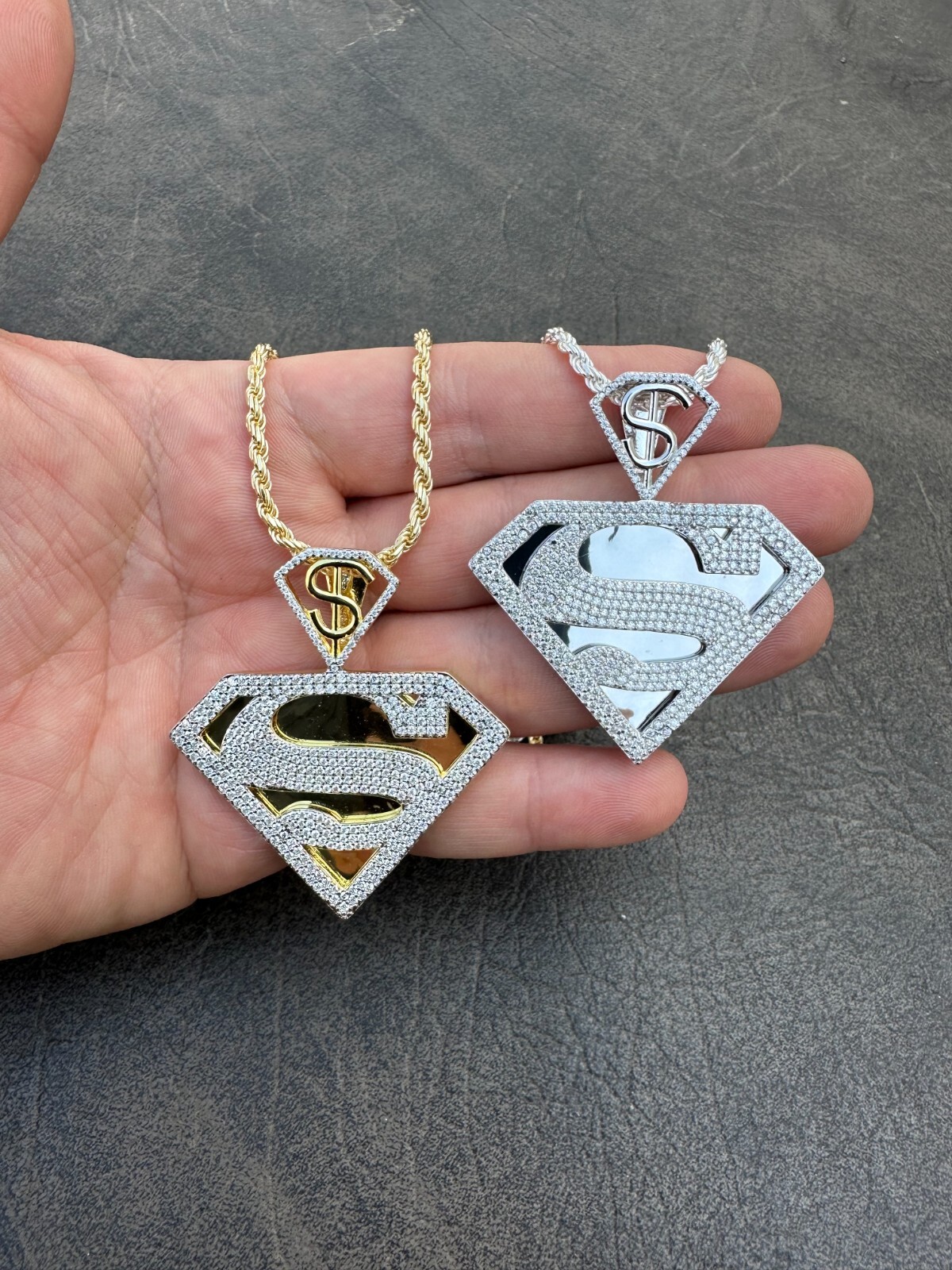 Pre-owned Harlembling Moissanite Real 925 Silver/gold Plated Iced Superman Superhero Pendant Necklace In White