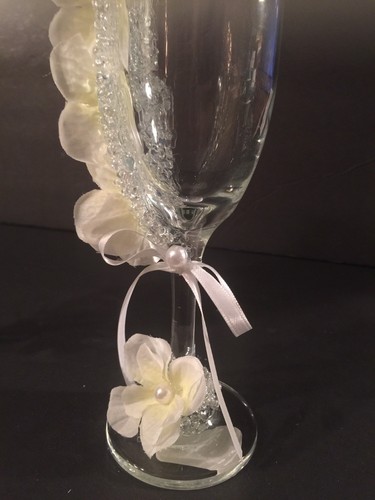 Floral Off White Wedding Party Reception Champagne Toasting Glasses Bride &Groom