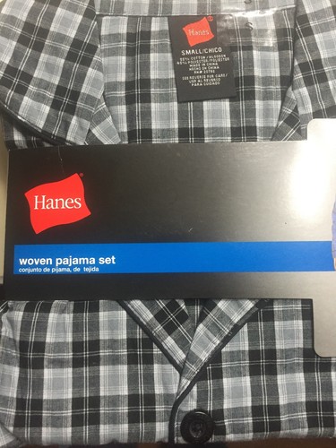 Hanes Men’s Small 2-pc Long Sleeve & Pant Woven Pajama Pj’s Gray Black Plaid NWT