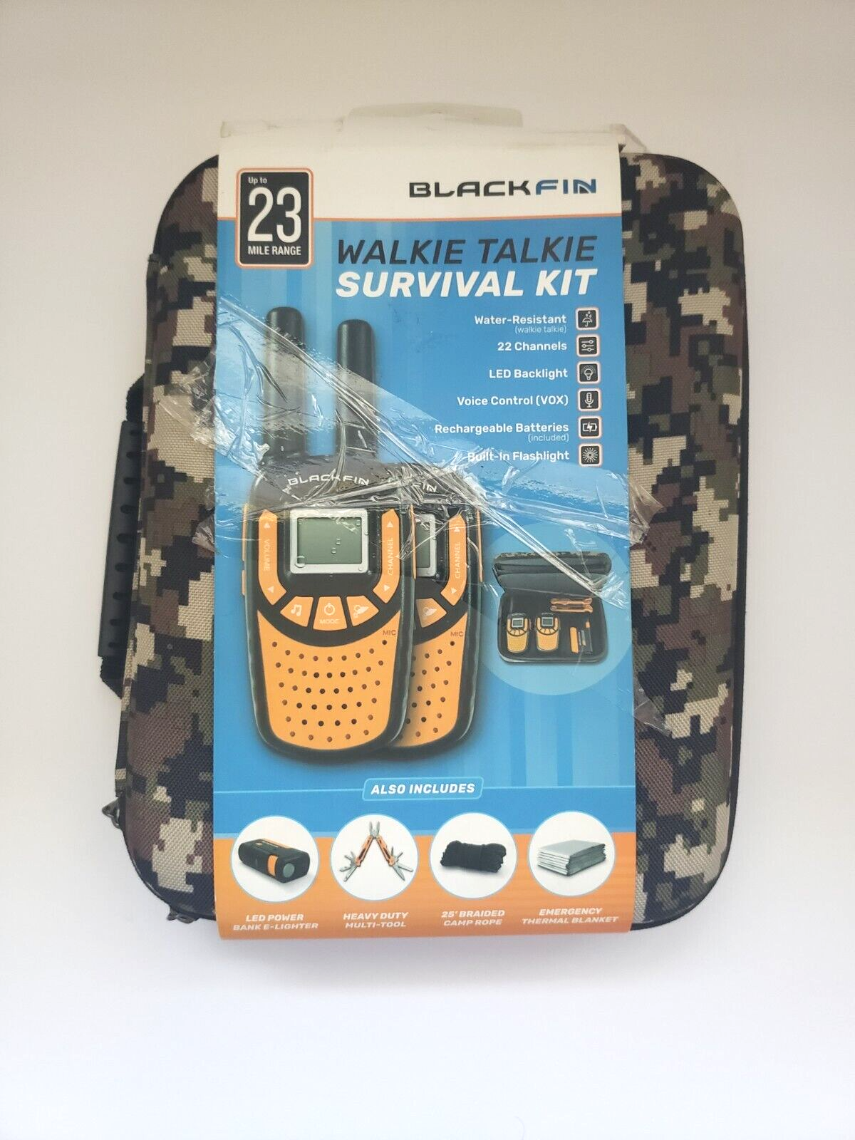 Blackfin Walkie-Talkie Kit LED Power Bank Multi-Tool 25' Rope Thermal Blanket