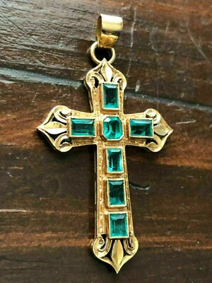 Antique 3Ct Emerald Cut Green Emerald Cross Pendant 14k Yellow Gold Finish
