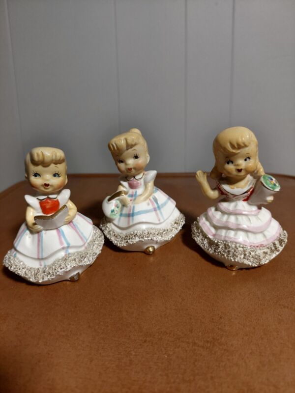 3 Vintage Spaghetti Trim Ceramic Girl Made In Japan Figurine Bell With Clapper