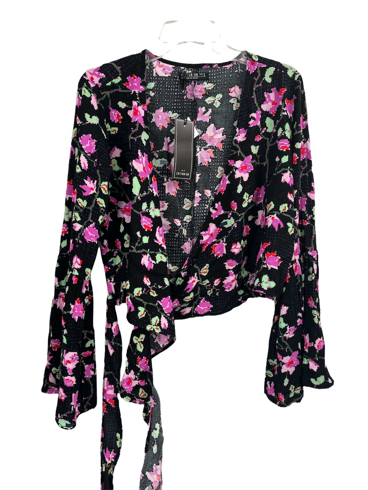 Cotton On Kara Wrap Crop Blouse Black Floral BOHO Blouse S Cotton On Kara Wrap Crop Blouse Black Floral BOHO Blouse S
