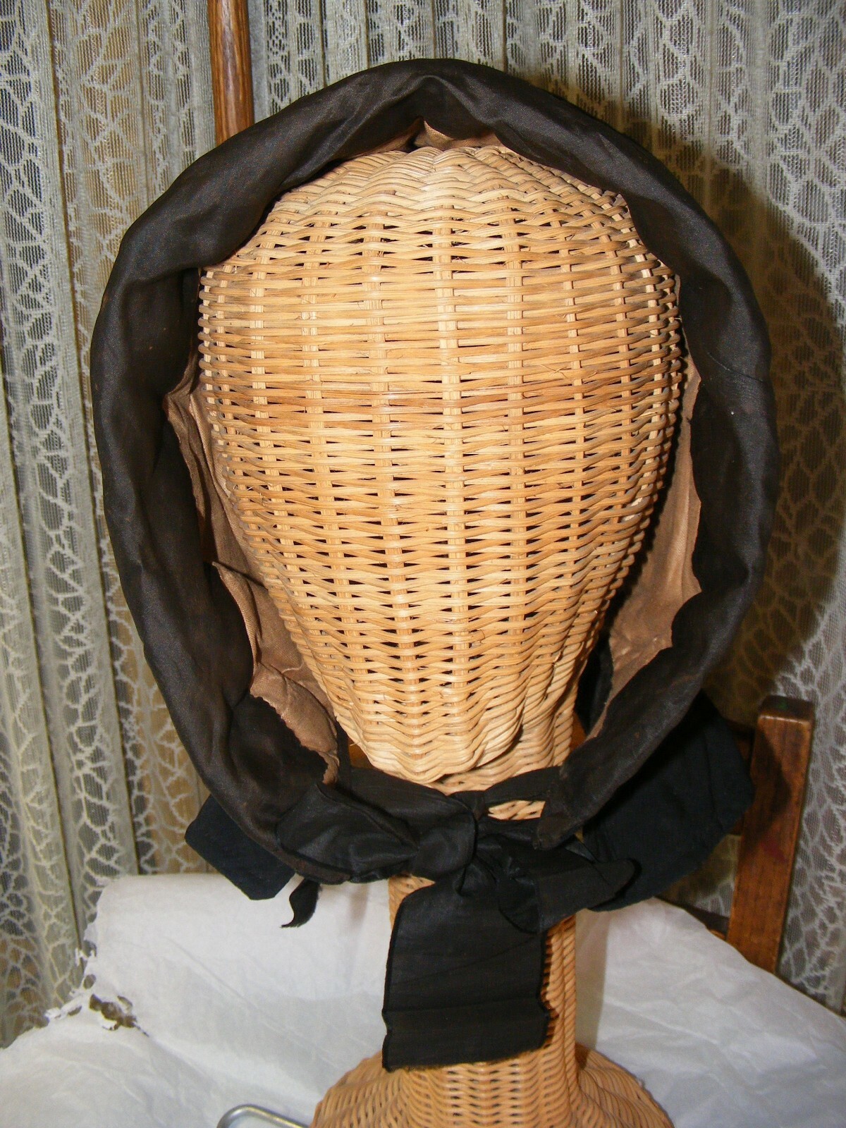 1850S VICTORIAN WINTER BONNET BLACK QUILTED HANDMADE WOOL & SILK AUTHENTIC HAT