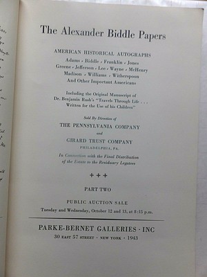 Alexander Biddle Papers. 1943 American Autograph Auction Catalog. Parke-Bernet.