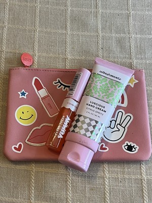 Ipsy Stickers Bag, Covergirl Clean Fresh Yummy Gloss, Refreshments Hand Cream.