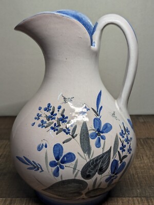 Art Pottery Pitcher Or Vase  Grey Blue Floral Handmade 7  H Signed By Artist WOW