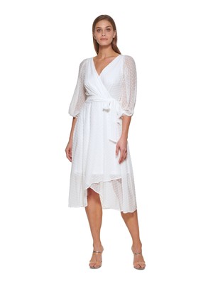 

DKNY Женское белое вечернее платье с рукавами 3/4 ниже колена с искусственным запахом Petites, Белый