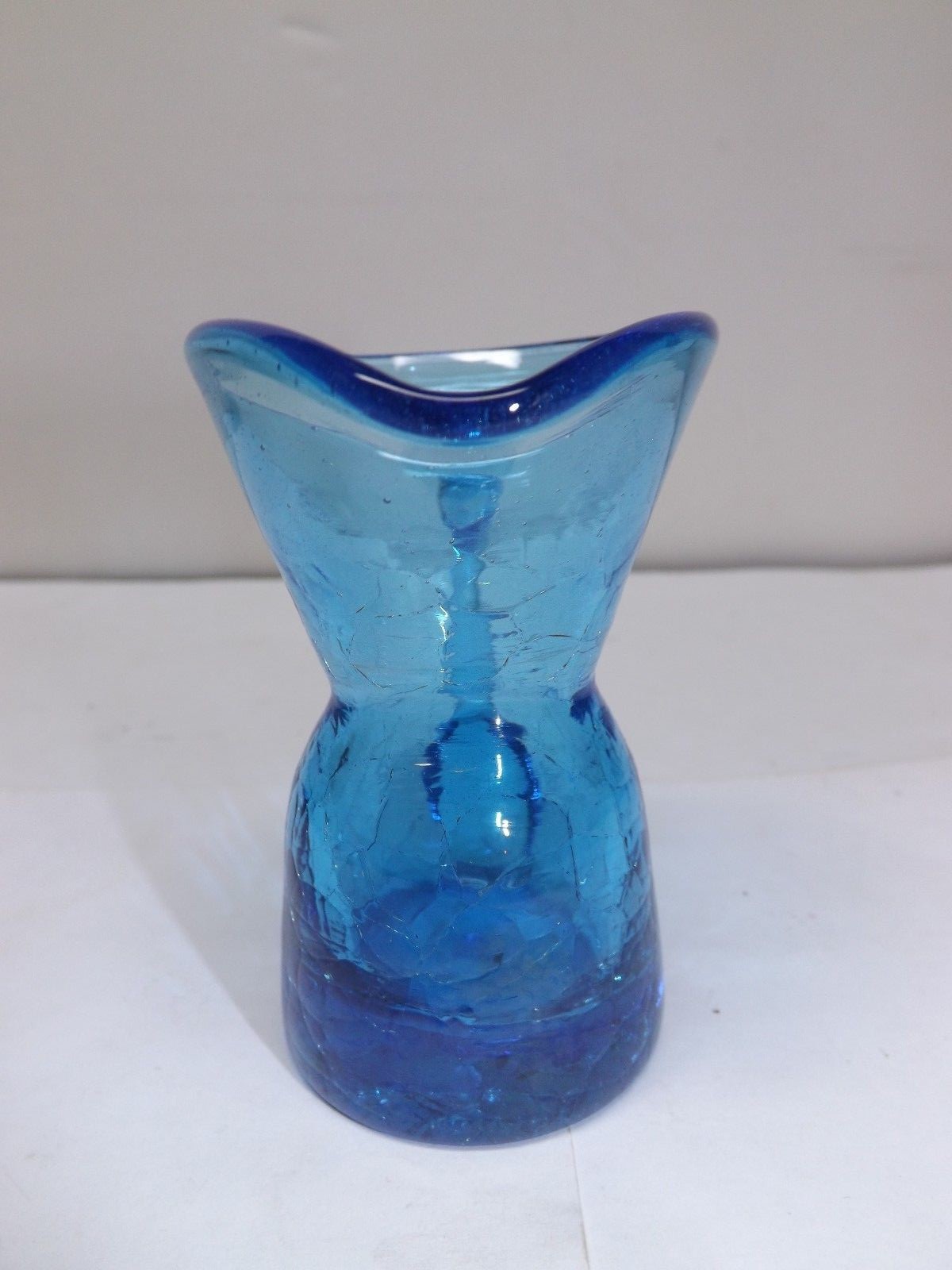 HAND BLOWN BLUE CRACKLE GLASS MINIATURE CRUET PITCHER