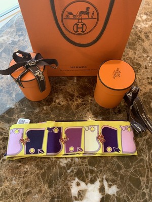 HERMES SILK CAMAILS JAUNE ENCRE YELLOW PURPLE MAUVE BANDEAU TWILLY WRAP ONE