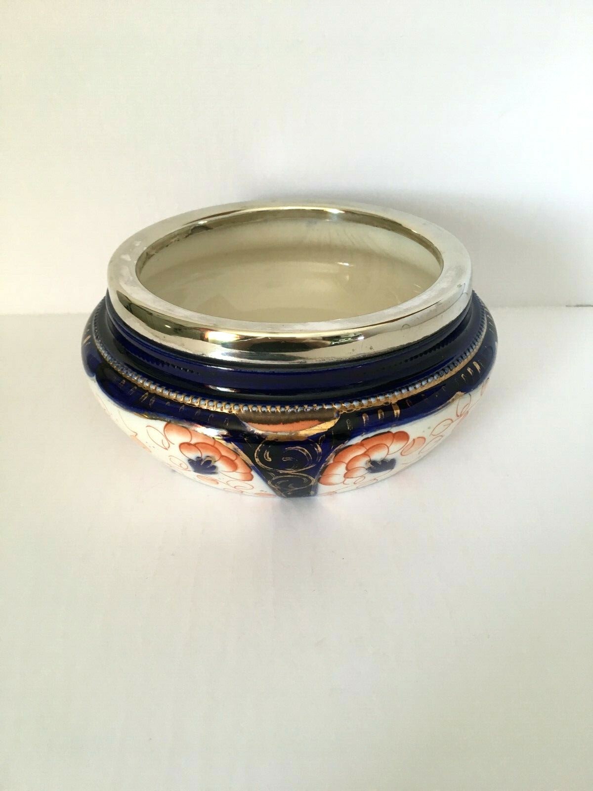 Antique Imari Style Bowl with Silver Plate Rim