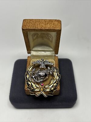 ANN HAND Marine Corps Sterling Silver Semper Fidelis Synthetic Ruby Brooch