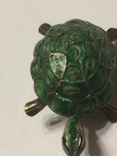 800 Stamped Silver Filigree Green Enamel TURTLE Pin Brooch From Estate