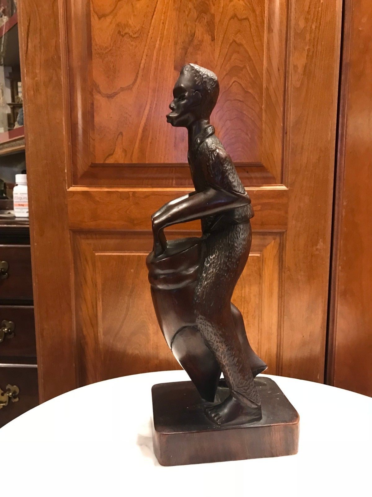 Wonderful Detail Artist Carved Wood Native Playing Large Drum 15