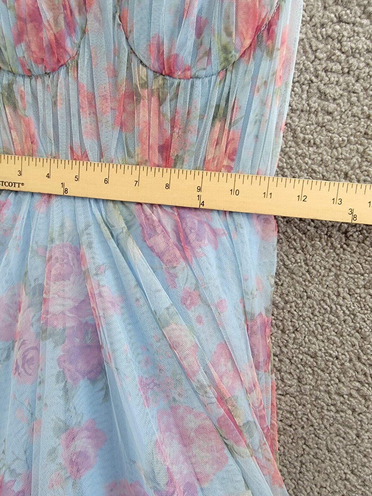 City Studio Floral-Print Bustier Gown Women's 0 Sky/Rose Ruffle Sweetheart Neck - Picture 6 of 16