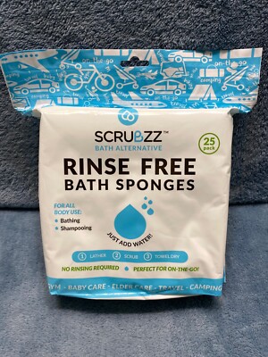 SCRUBZZ Rinse Free 25pc Bath Single Use Shower Sponge - Caregiving, Travel, Kids
