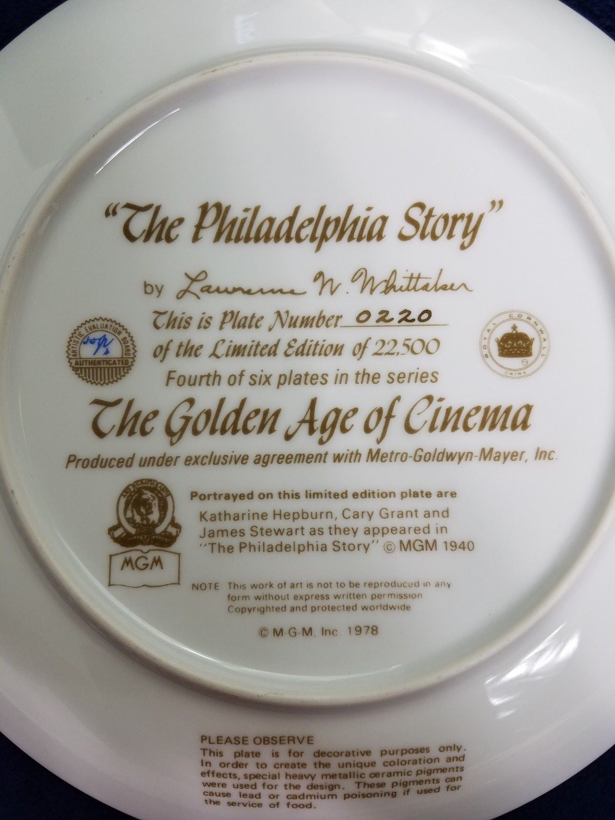 The Philadelphia Story Collector Plate Numbered The Golden Age Of Cinema MGM