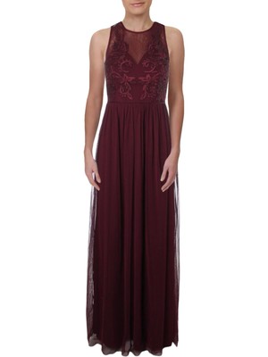 ADRIANNA PAPELL Womens Burgundy Tulle Sleeveless Empire Waist Dress 4